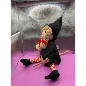 Vintage Applause Witch Doll‎ Halloween Plush Toy Broom Orange Striped Stockings